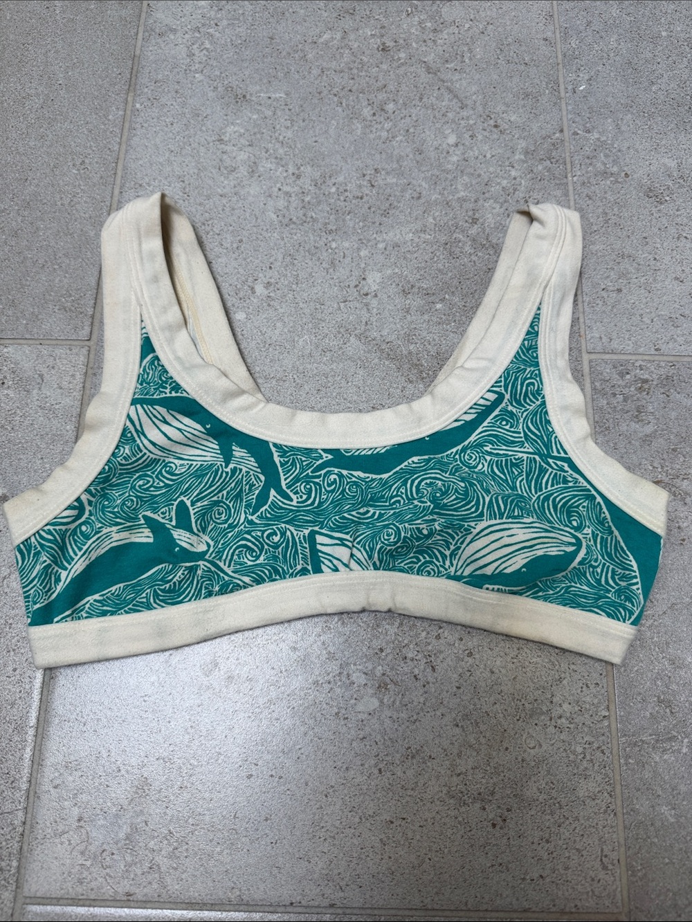 Thunderpants Whale Print Bralette - Teal and Natural White, organic cotton